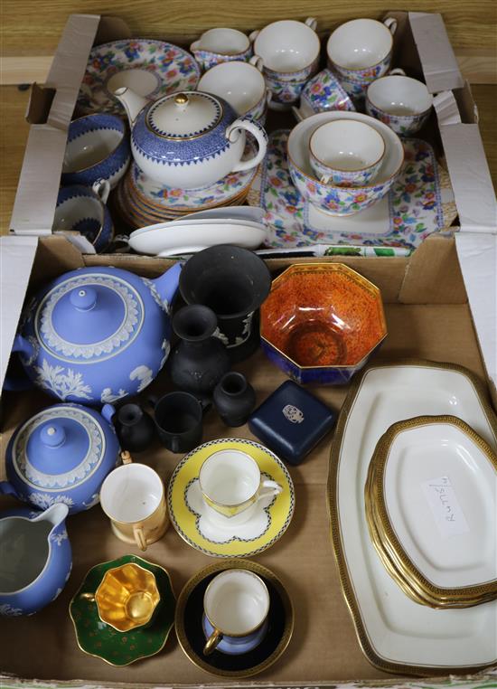 A quantity of Jasperware, a three piece tea set, a Wedgwood lustre bowl, teaware etc